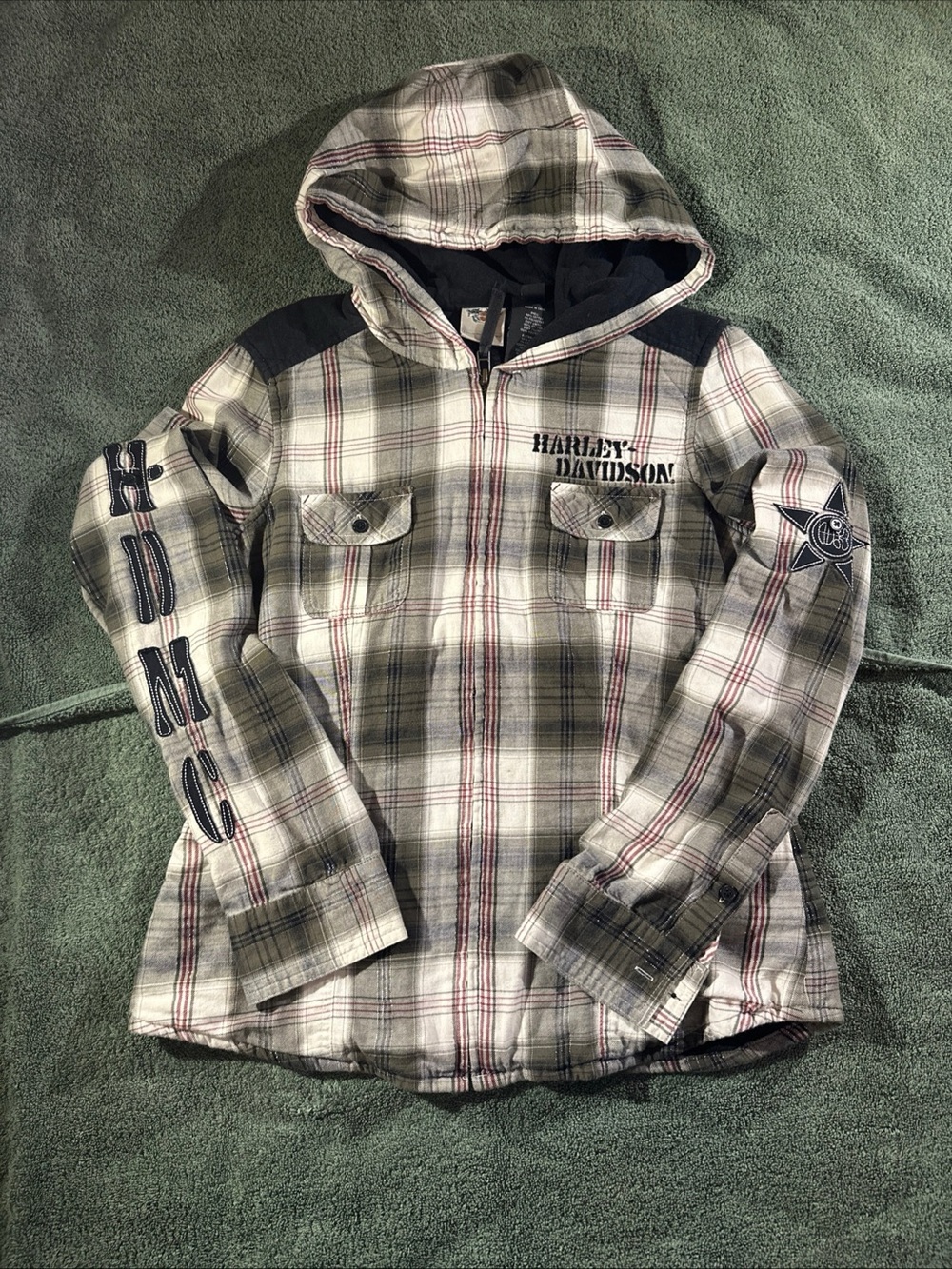 Harley-Davidson Olive Gray Plaid Hooded Flannel Jacket with Black Accents